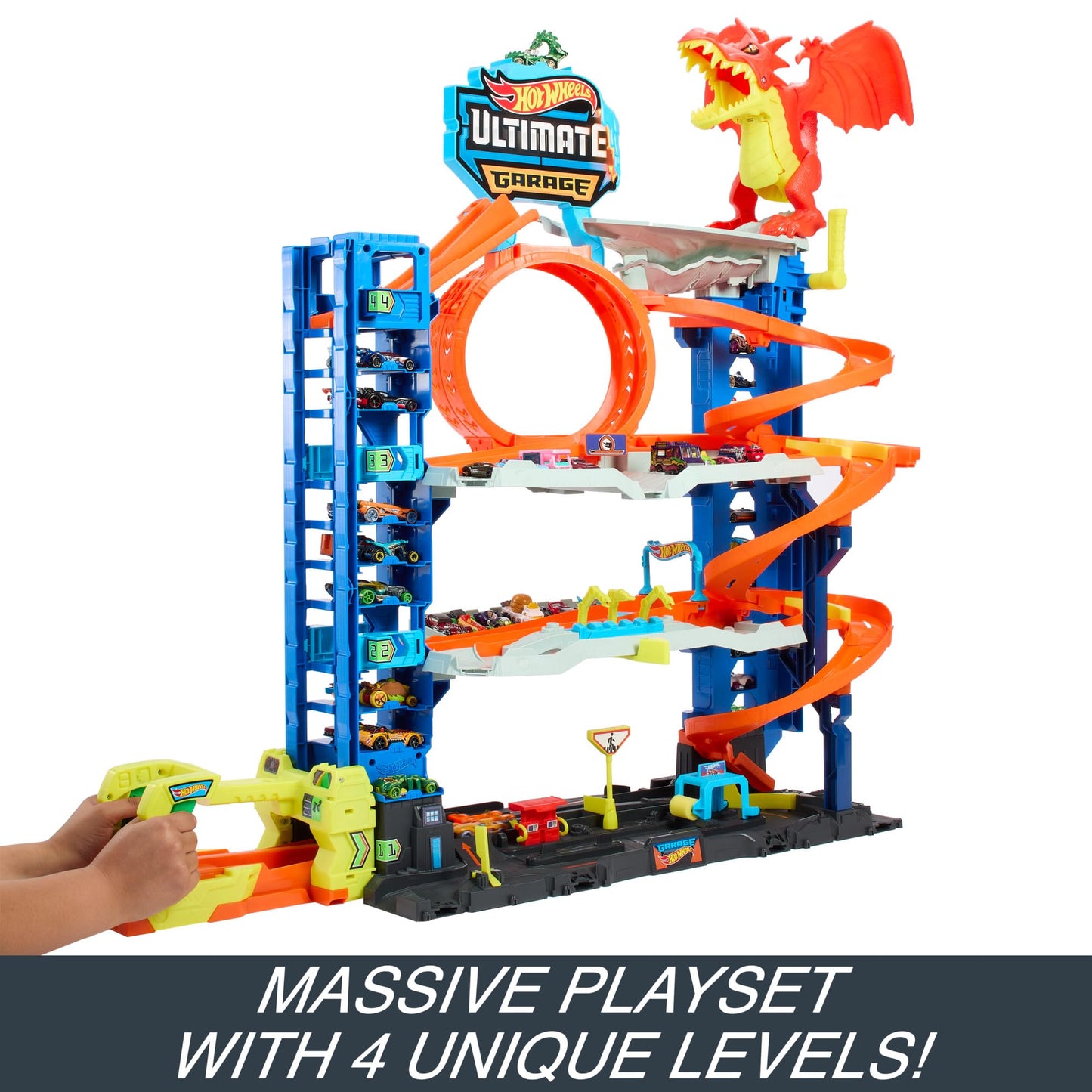 Hot Wheels Let's Race Netflix - City Ultimate Garage Playset with 2 Die-Cast Cars, Toy Storage for 50+ 1:64 Scale Cars, 4 Levels of Track Play, Defeat the Dragon, HKX48