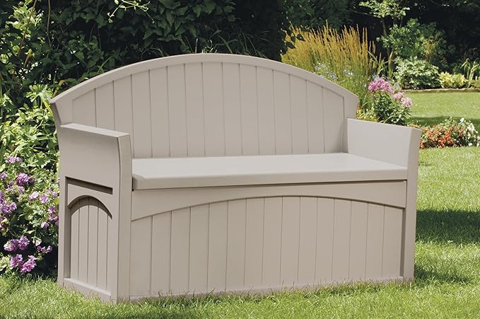 Suncast Outdoor Storage Bench - 50 Gallon Taupe Resin Outdoor Bench with Storage for Cushions, Tools & More. All-Weather Patio Deck Box with Seat for Porch, Pool, Yard, & Garden, Made in USA