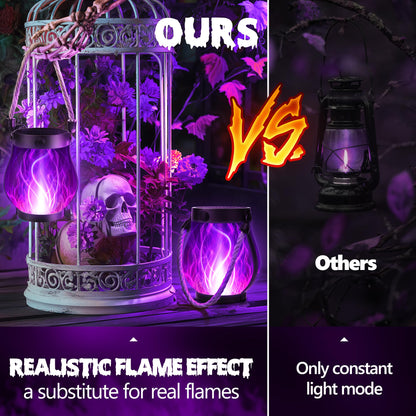 iBaycon 2 Pack Solar Lanterns Lights, Halloween Flickering Flame Garden Lights with 2 Modes Dual Charging USB & Solar, Outdoor Waterproof Hanging Lantern for Party Holiday Halloween Decor (Purple)