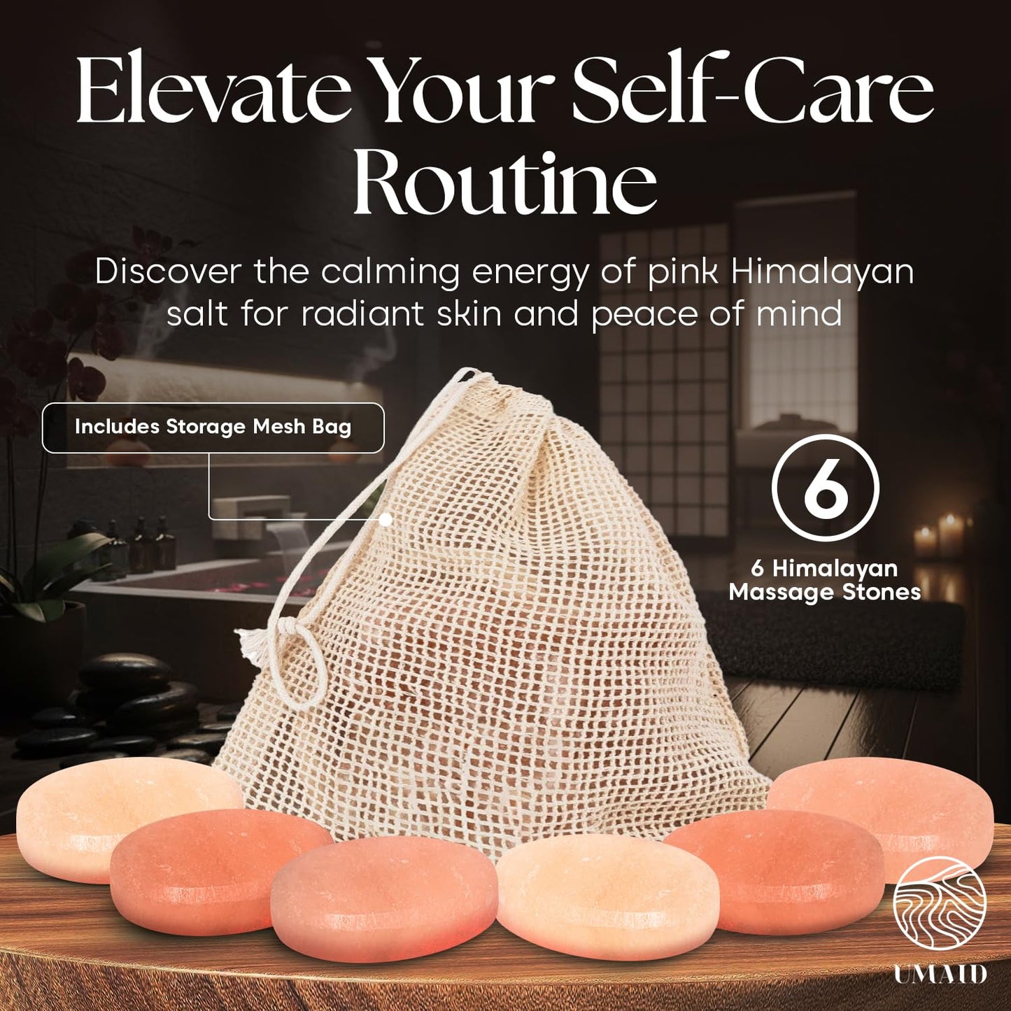 UMAID Himalayan Salt Massage Stones 6-Pack – Pink Crystal Spa Stones with Cotton Mesh Bag for Relaxation, Self-Care, Meditation & Wellness, Unique Spa Gifts for Men & Women