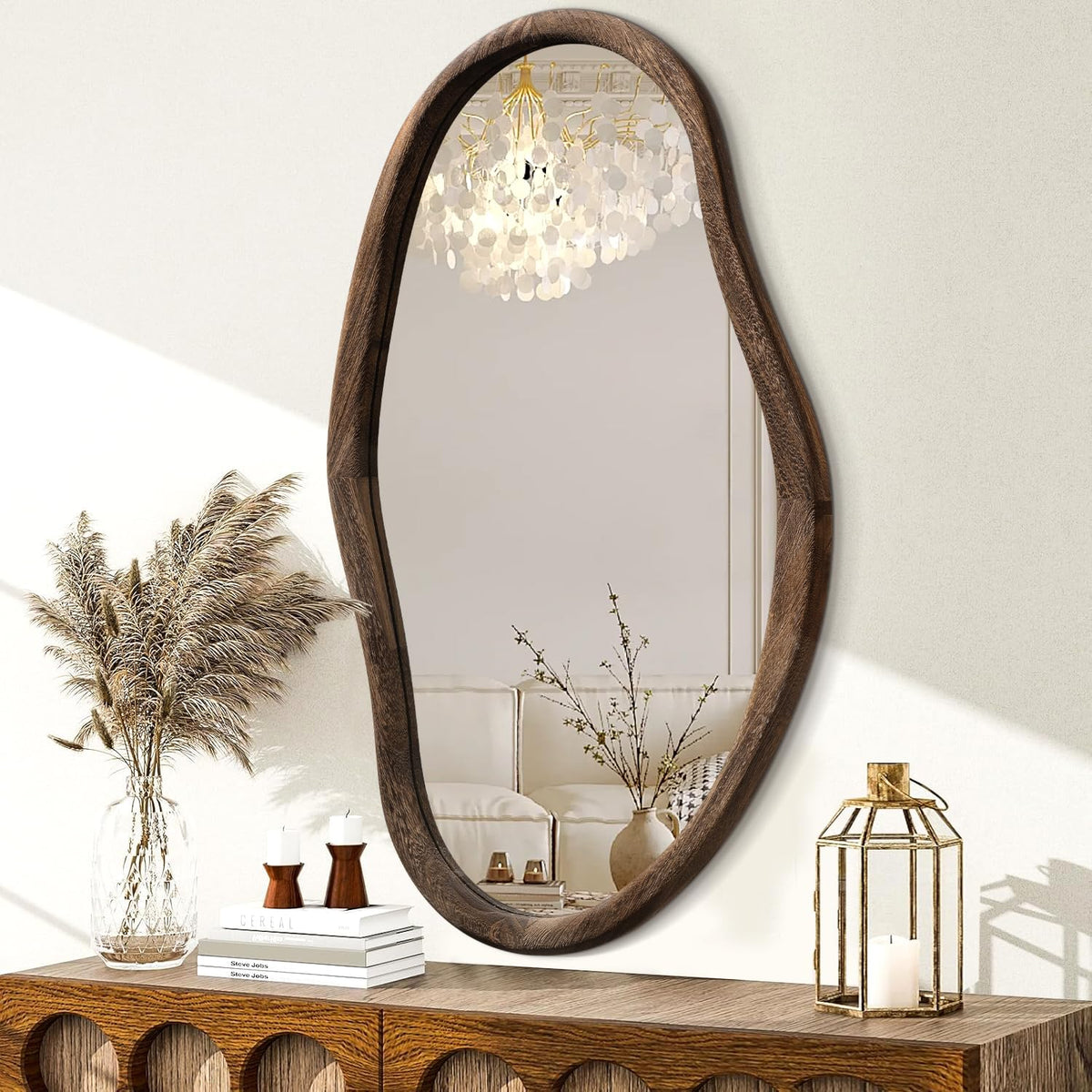 JJUUYOU Asymmetrical Mirrors Irregular Bathroom Wall Mirror 30"x18" Large Wooden Frame Modern Decorative Mirror for Makeup Bathroom Living Room Brown