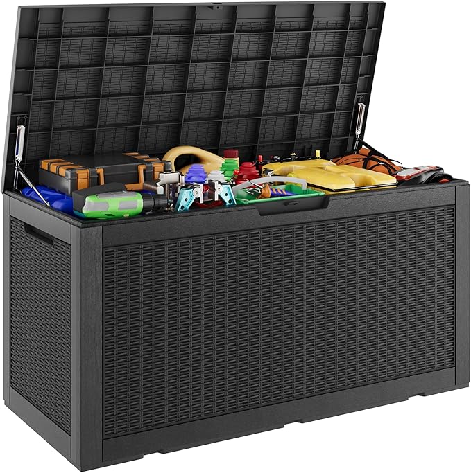 Outdoor Storage Box, Resin Deck Boxes Indoor and outdoor, Waterproof Storage Box Lockable Lid (Black, 110 Gallon)