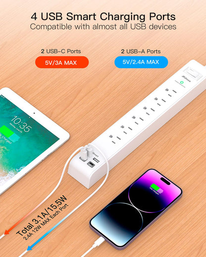 2 Pack Power Strip, 12FT Long Extension Cord, Surge Protector with 6 Outlets and 4 USB Ports (2 USB C), Flat Plug Overload Protection, Extension Cord 10+ ft, Wall Mount for Home Office Dorm College