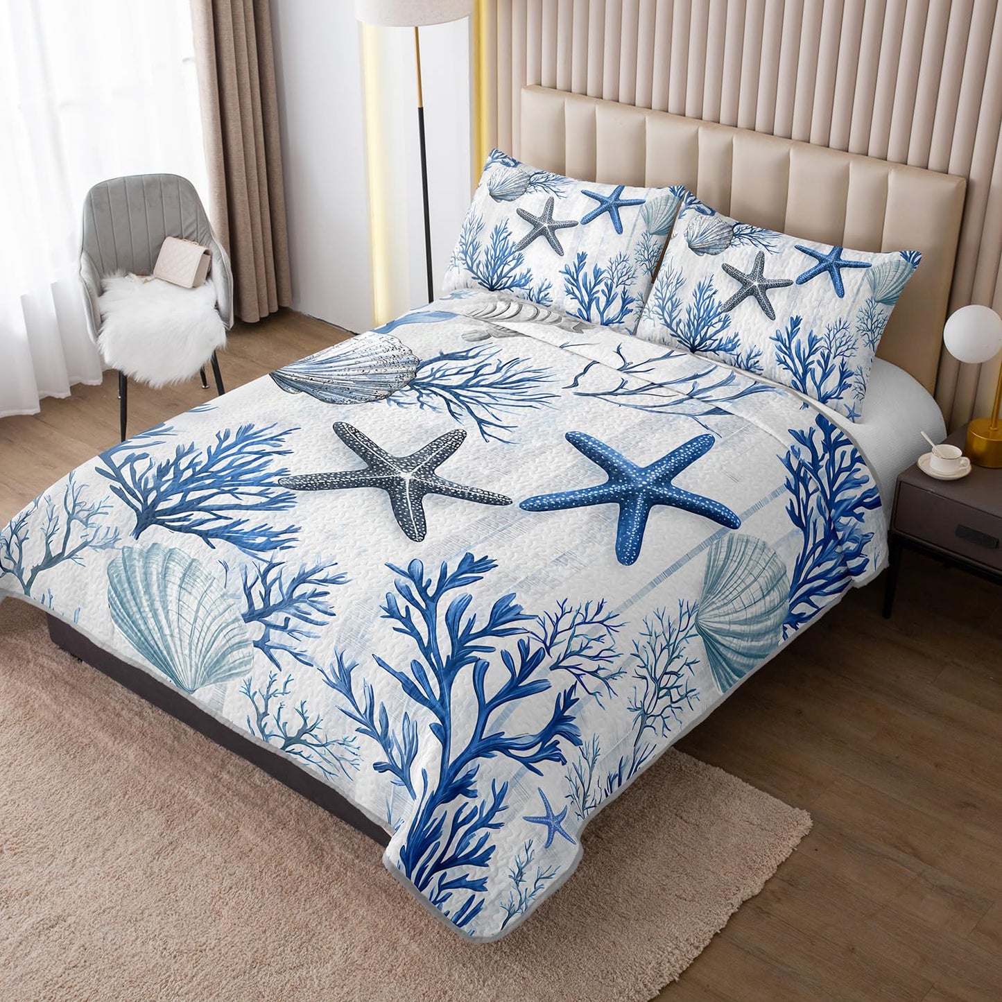 UEVBF 3 Piece Ocean Themed Queen Quilt Sets,Coral Shell Starfish Reversible Microfiber Soft Lightweight Bedspread with 2 Pillowcases,Beach Bedding Quilts Set for Bedroom Bed Decor.