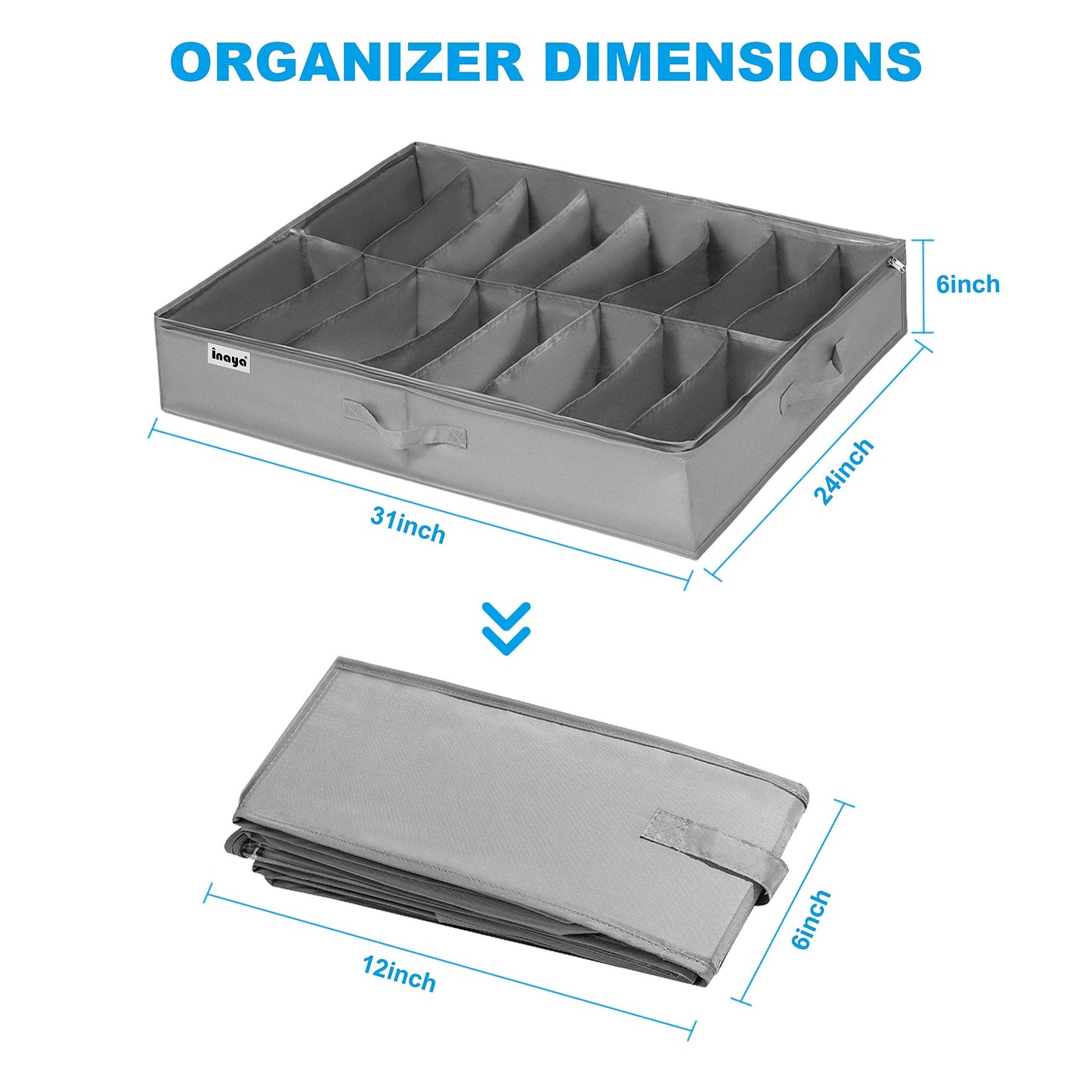 INAYA Under Bed Shoe Storage Organizer Set of 2, Fits 32 Pairs, Underbed Shoe Box Storage Containers Adjustable Dividers w/Bottom Support, Clear Foldable Shoes Storage w/Reinforced Handles