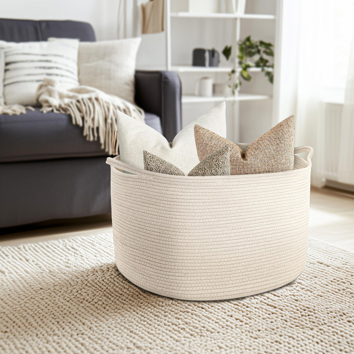 Maliton Extra Large Blanket Basket, Big Woven Cotton Rope Bin for Toys Towels, Pillow Basket with Handles, 22" x 22" x 14" Nursery Laundry Hamper, White Large Storage