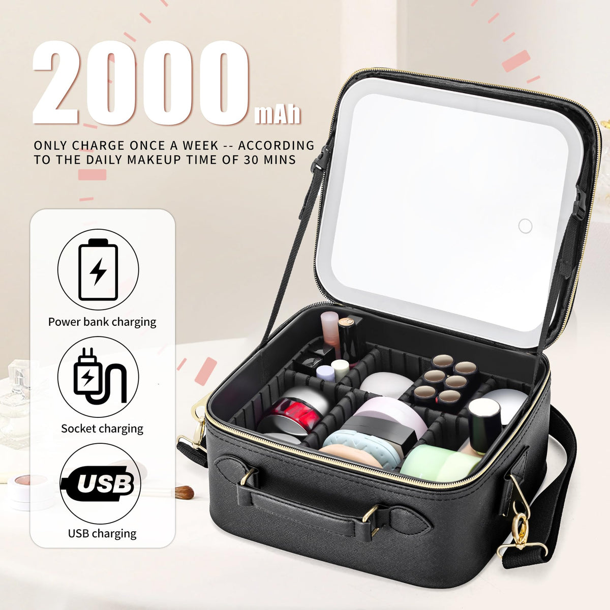 Gdsshuhung LED Makeup Bag with Mirror, Lighted Cosmetic Case with Natural Light, Adjustable Brightness and Soft Lighting, Travel Organizer with Compartments for Women(Black)