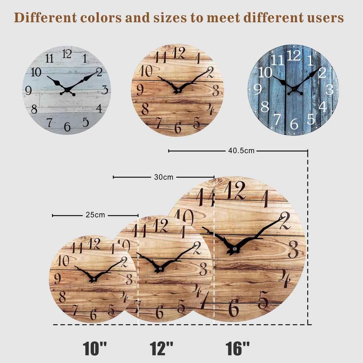 Plumeet Extra Large Wall Clock, 16'' Frameless Wooden Wall Clocks with Silent Quartz Movement, Rustic Country Village Walnut Clocks Decorative for Kitchen Bedroom Living Room, Brown