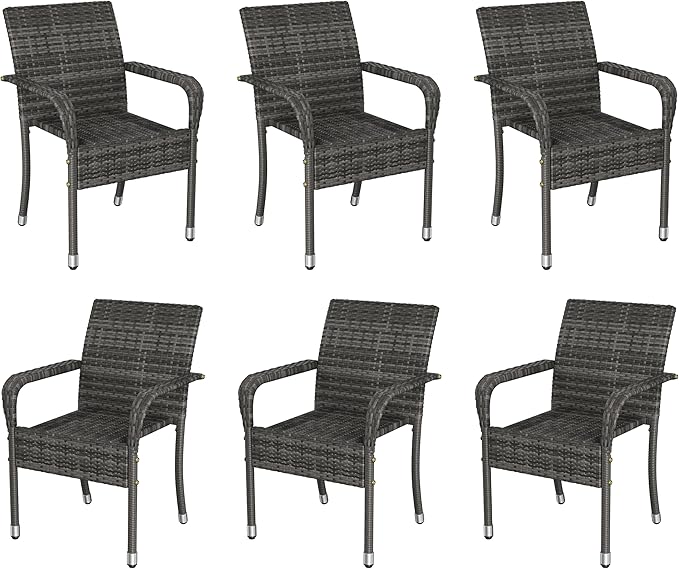 Yaheetech Set of 6 Stackable Outdoor Rattan Dining Chairs, All-Weather Armchair w/Armrests, Steel Frame for Garden, Patio, Deck, Yard, Poolside Gray