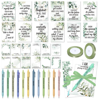 Maitys 24 Sets Thank You Teacher Appreciation Gift for Women Employee Positive Affirmation Gift Inspirational Sticky Note Greeting Cards Pen Ribbon Motivational Notepad for Coworker Office(Eucalyptus)