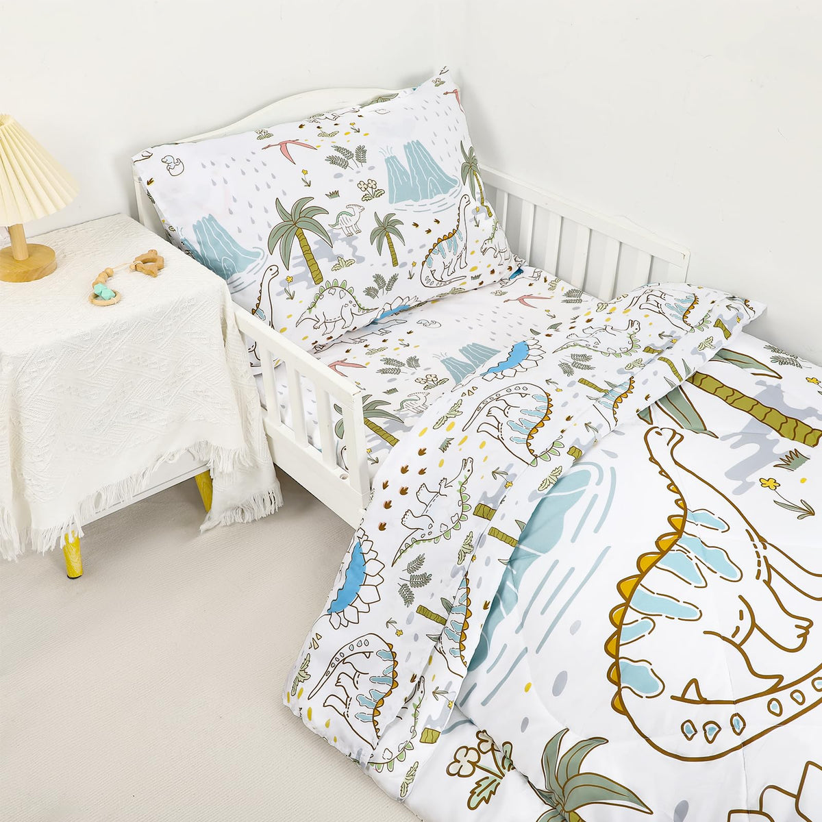 SWESEN Toddler Bedding Set for Boys, Cute Dinosaurs Toddler Boy Bedding Set, Soft & Lightweight 4 Piece Toddler Comforter Sets Include Comforter, Flat Sheet, Fitted Sheet, Pillowcase