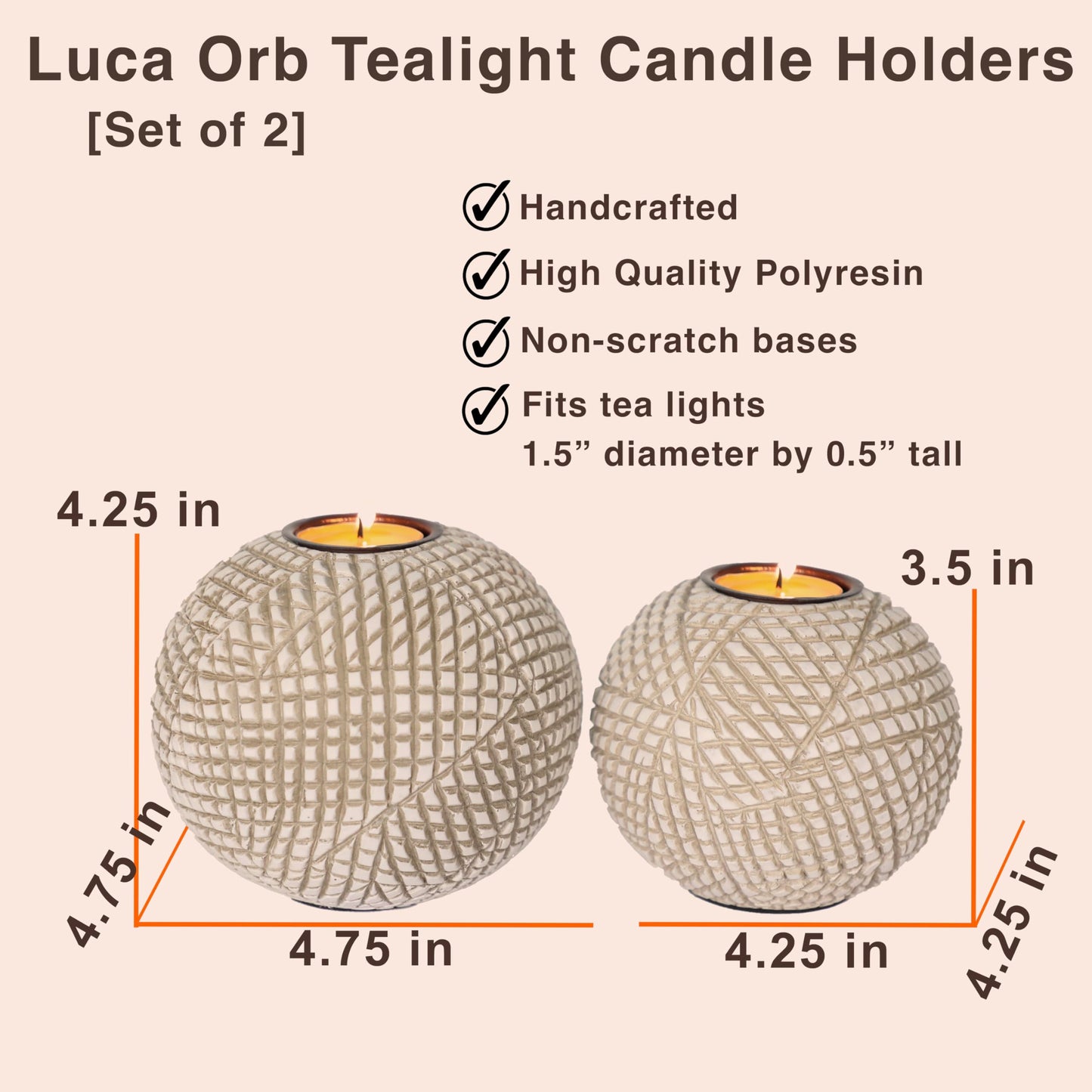 Luca Orb Tea Light Candle Holders (Gift Boxed Set of 2), Coffee Table, Console, Entryway or Fireplace Mantel Decor, Centerpiece for Dining or Living Room (Grid Pattern, Beige and White)