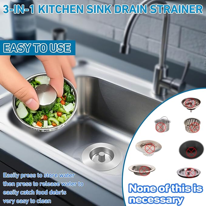 3-in-1 Kitchen Sink Drain Strainer & Stopper, Stainless Steel Food Catcher Plug