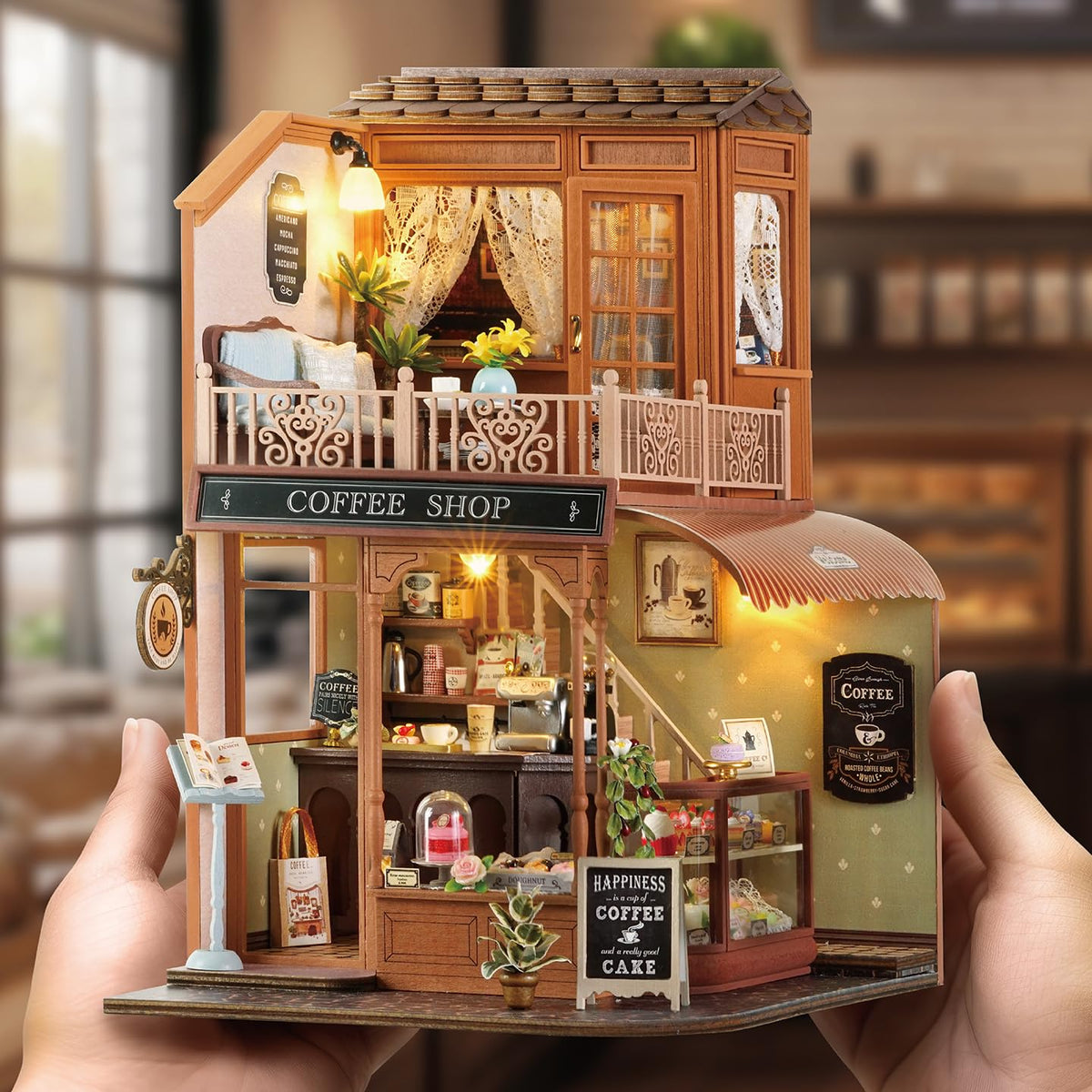CUTEROOM Miniature House Kits for Adults,Mini Dollhouse Wooden Furniture Kit, DIY Craft Kits Creative Room Tiny House for Decoration- Coffee Shop