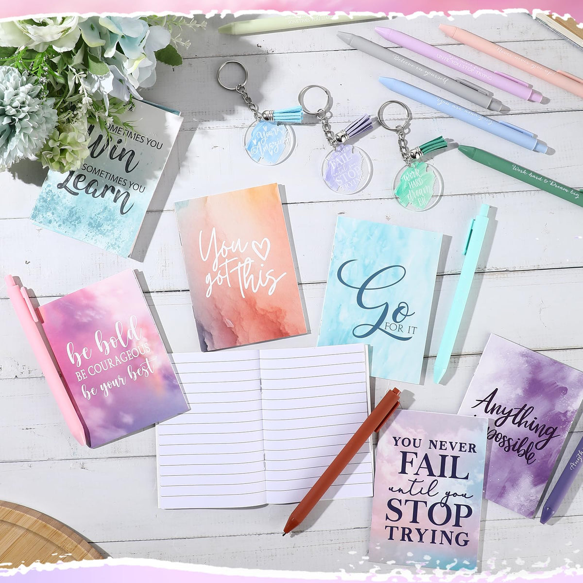 Noveread 30 Sets Inspirational Gifts Bulk for Women Boss Mini Notepads Inspirational Pens Bulk Employee Appreciation Acrylic Keychain Vet Tech Week Gifts for Coworker Nurse