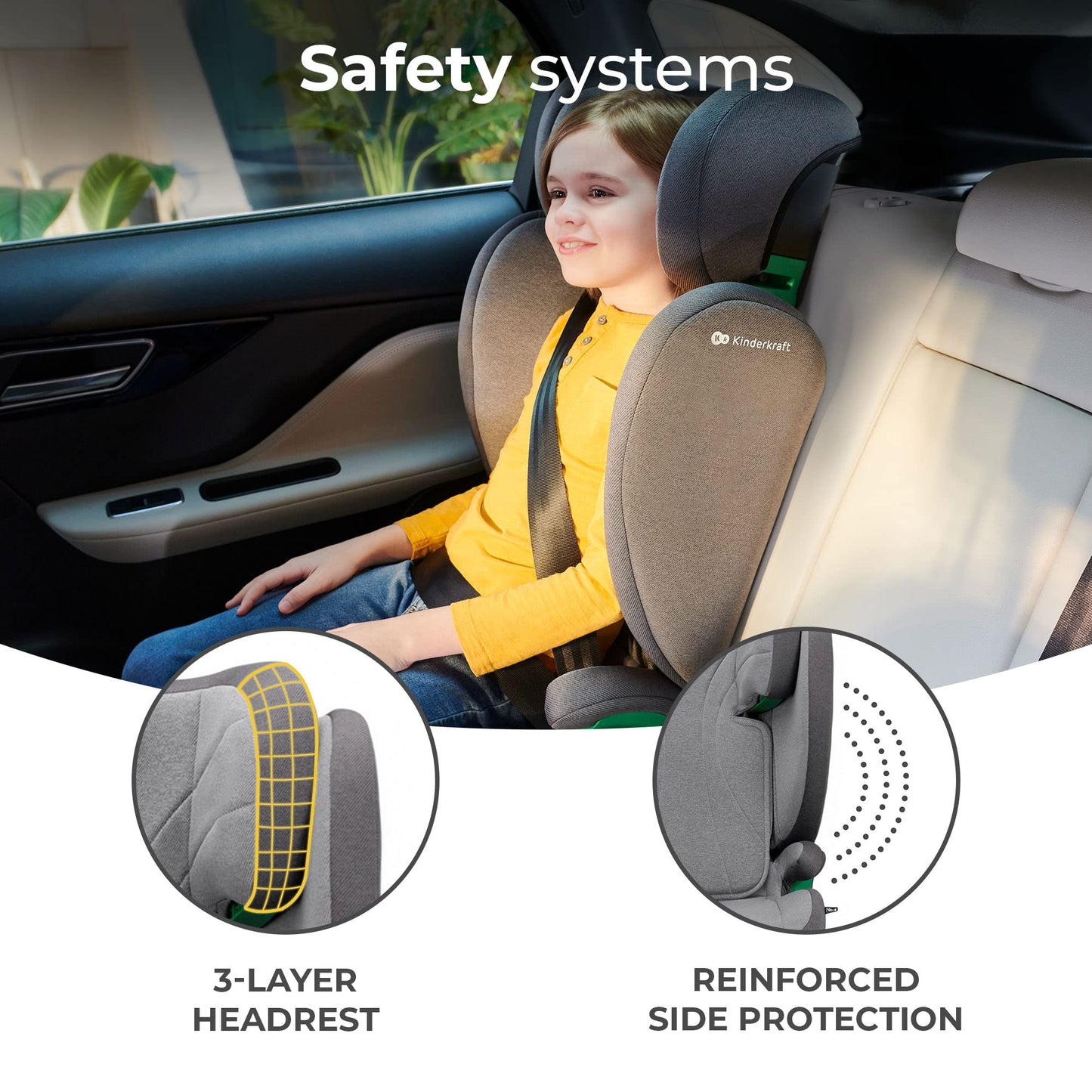 Kinderkraft JUNIORFIX2 Car Seat for 4-12 Years, I-Size 100-150 cm, Group 2/3, Toddler car seat with Isofix, Adjustable Headrest, Reinforced Side protections, Wide and Comfortable seat, Gray