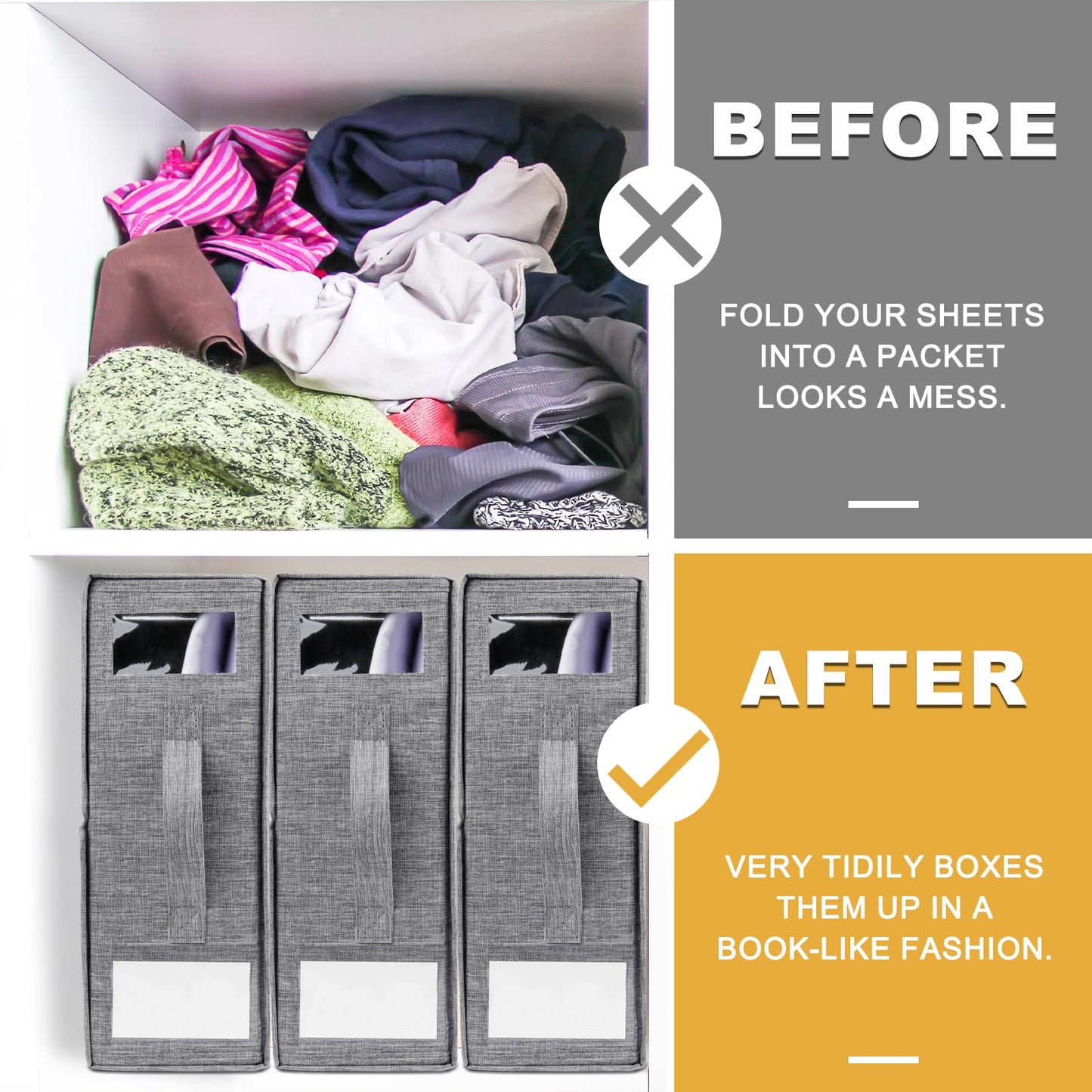 4 Pack Foldable Sheet Organizers for Linen Closet - Twin/Full Size Duvet Cover Set, Grey