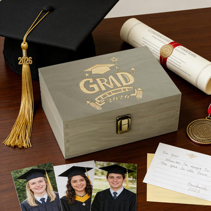 REMEIT Graduation Keepsake Box - Engraved Grad 2026 Wood Memory Box Congrats Grad Gift for Him Her, Perfect for Storing Graduation Memories & Mementos