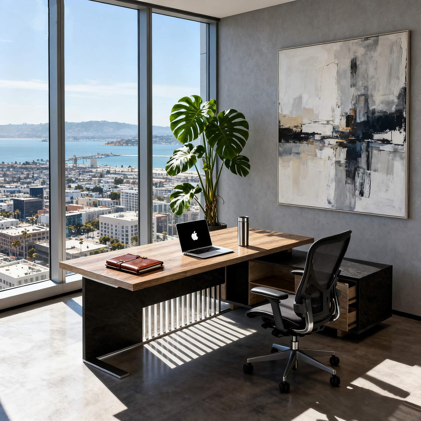 SAINTCY L-Shaped Executive Desk, Industrial Office Desk with Drawer & Cabinet, Large Wood Desktop, Unique Stainless Steel Privacy Screen (Right Return, 70.86")