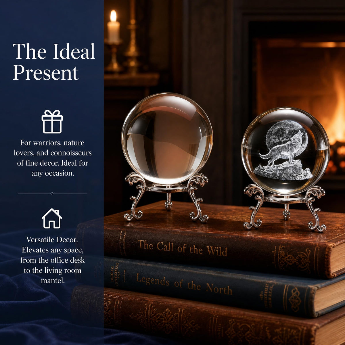vskikris 2 Crystal Balls with Silver Stands - 3D Laser Engraved Wolf & Moon & Clear Crystal Sphere Set, Decorative Paperweights, Home & Party Decor, Photography Props, for Men & Nature Lovers