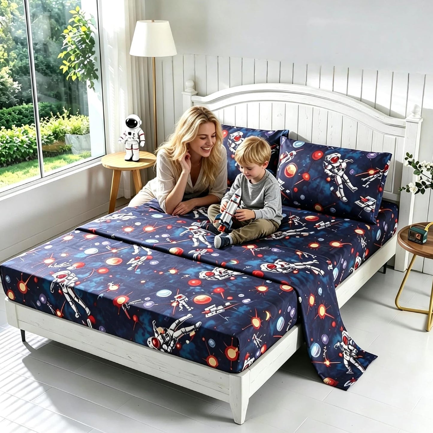 SDY 4 Pieces Space Sheets Set Full,Space Bedding with 1 Deep Pocket Fitted Sheet & 1 Top Flat Sheet & 2 Pillowcases for Kids Teens Boys Children Toddler
