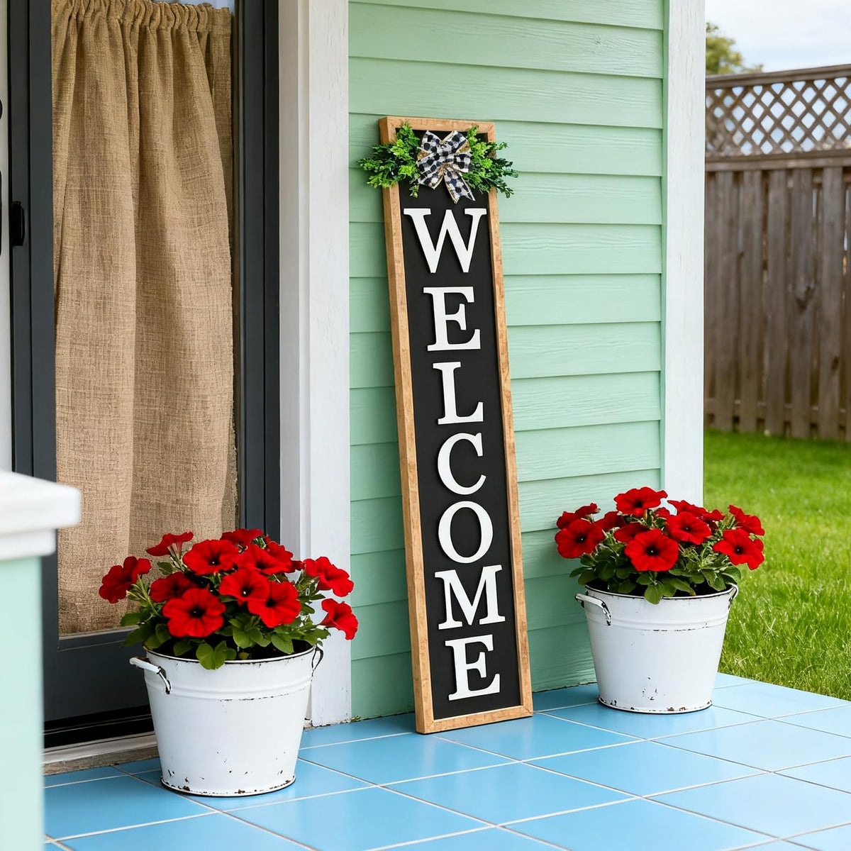 3D Outdoor Welcome Sign for Front Porch Standing 45"X9" Large Rustic Farmhouse Leaner Tall Vertical Soild Wooden Framed Plaque Modren Beautiful Outside Home Front Door Decorations (Wood Black)