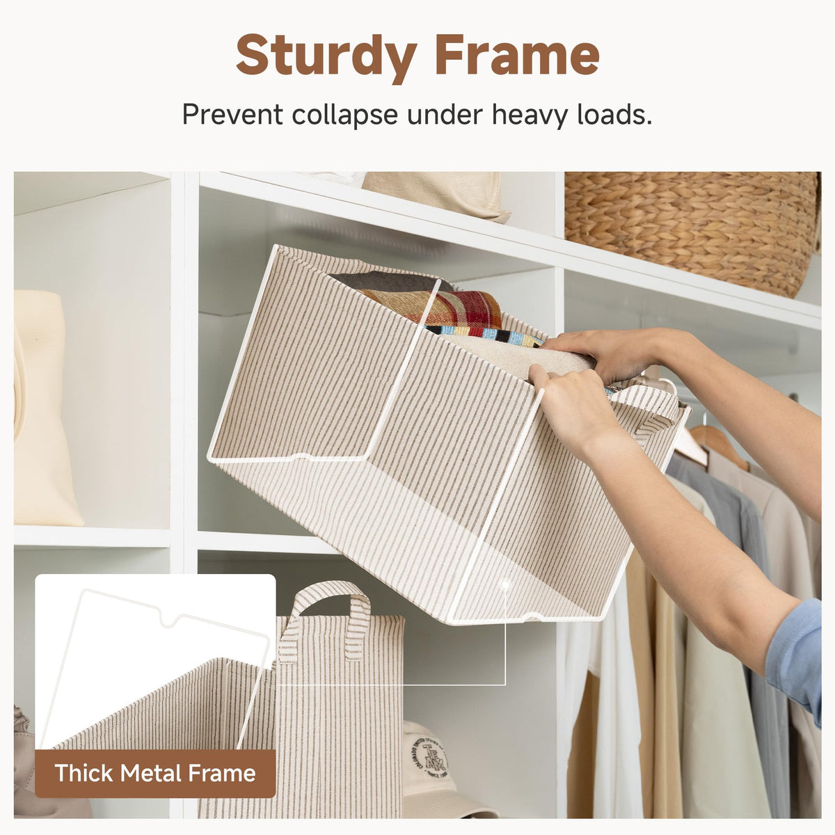 StorageWorks Storage Bins, Fabric Storage Bins for Shelves, Large Storage Baskets with Metal Frame, Closet Baskets and Bins with Handles, Khaki and Beige Stripes, 2-Pack