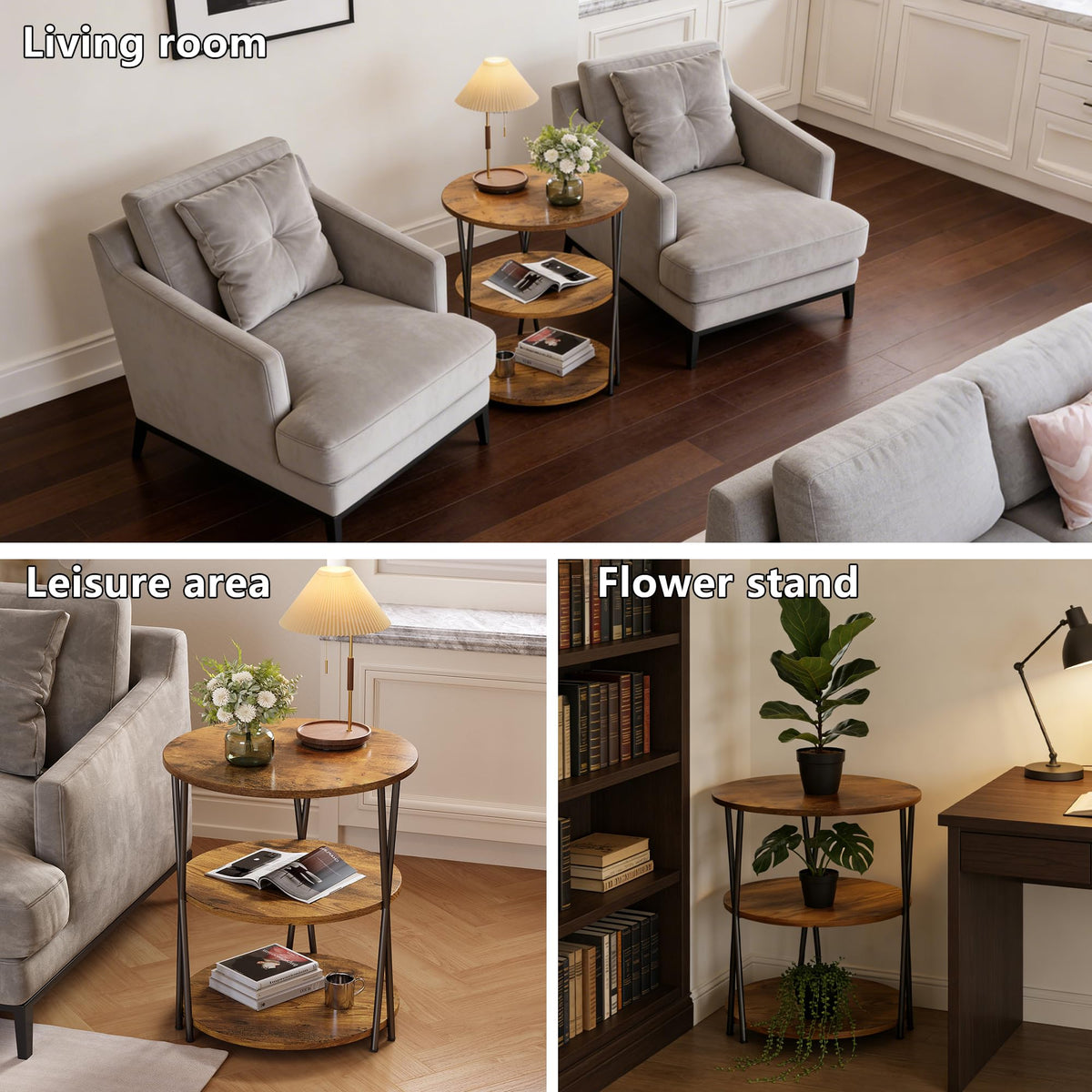 Lumbershed 23 Inch Round Side Table 3-Tier End Table Living Room Small Patio Table Nightstands Round Coffee Table Spacious Top for Couch Bedroom 3 Storage Shelves Accent Coffee Table, Rustic Brown