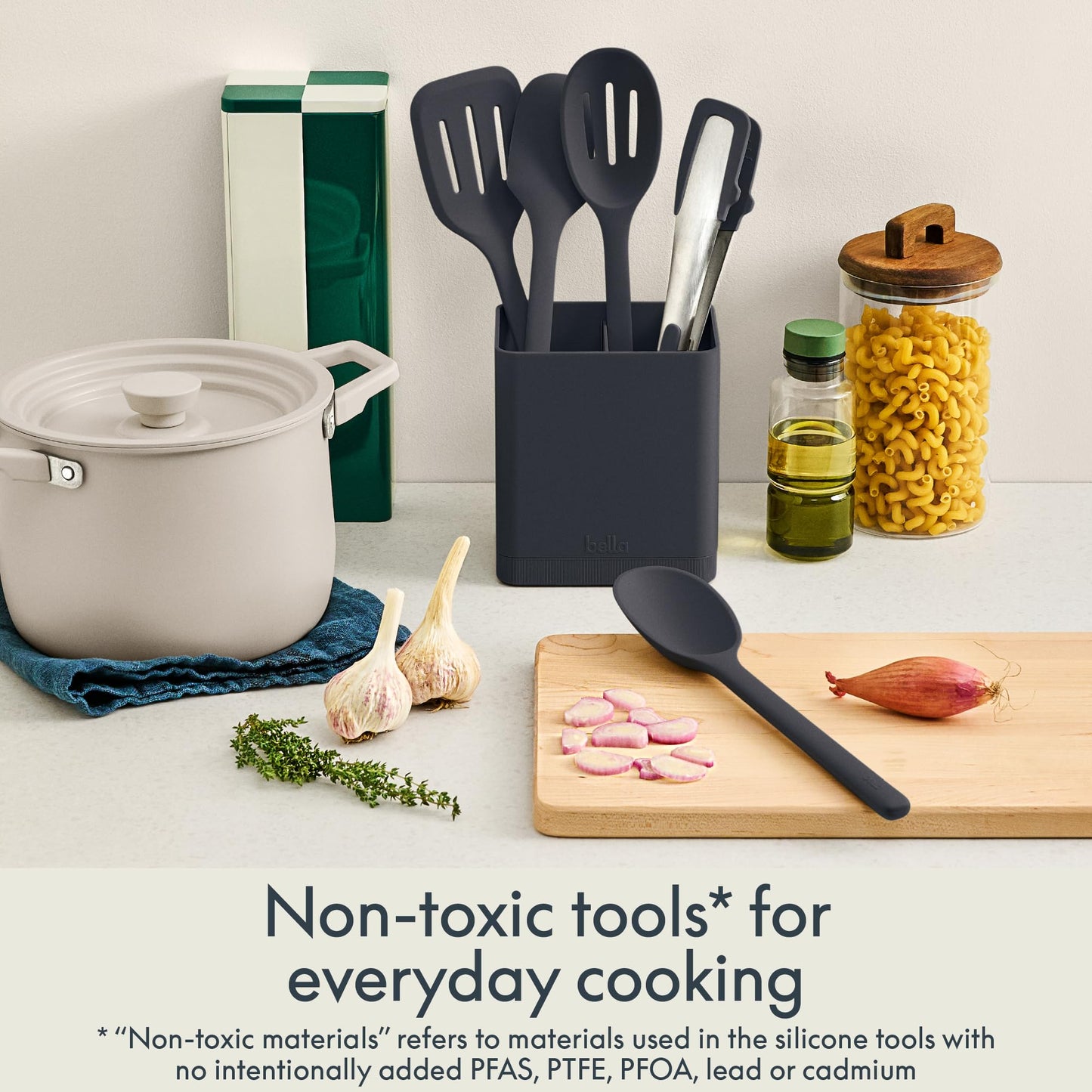 bella 6-Piece Modular Tool Set, Silicone, Turner, Spoon, Slotted Spoon, Spatula, Tongs, Crock with removable divider, Non-toxic*, Food-grade, Heat safe to 425°F, Dishwasher Safe, Oatmilk