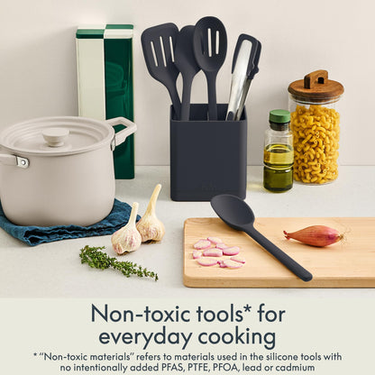 bella 6-Piece Modular Tool Set, Silicone, Turner, Spoon, Slotted Spoon, Spatula, Tongs, Crock with removable divider, Non-toxic*, Food-grade, Heat safe to 425°F, Dishwasher Safe, Oatmilk