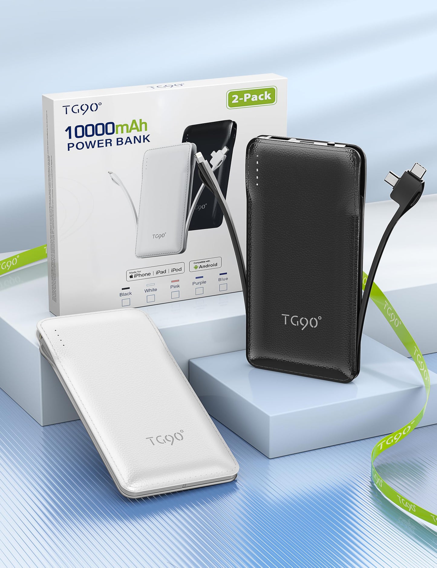 TG90° Portable Charger 10000mah Cell Phone Battery Backup, Ultra Slim Power Bank with Built in Lightning and USB-C Cable, Portable Phone Charger Battery Packs Compatible with iPhone Android Phones