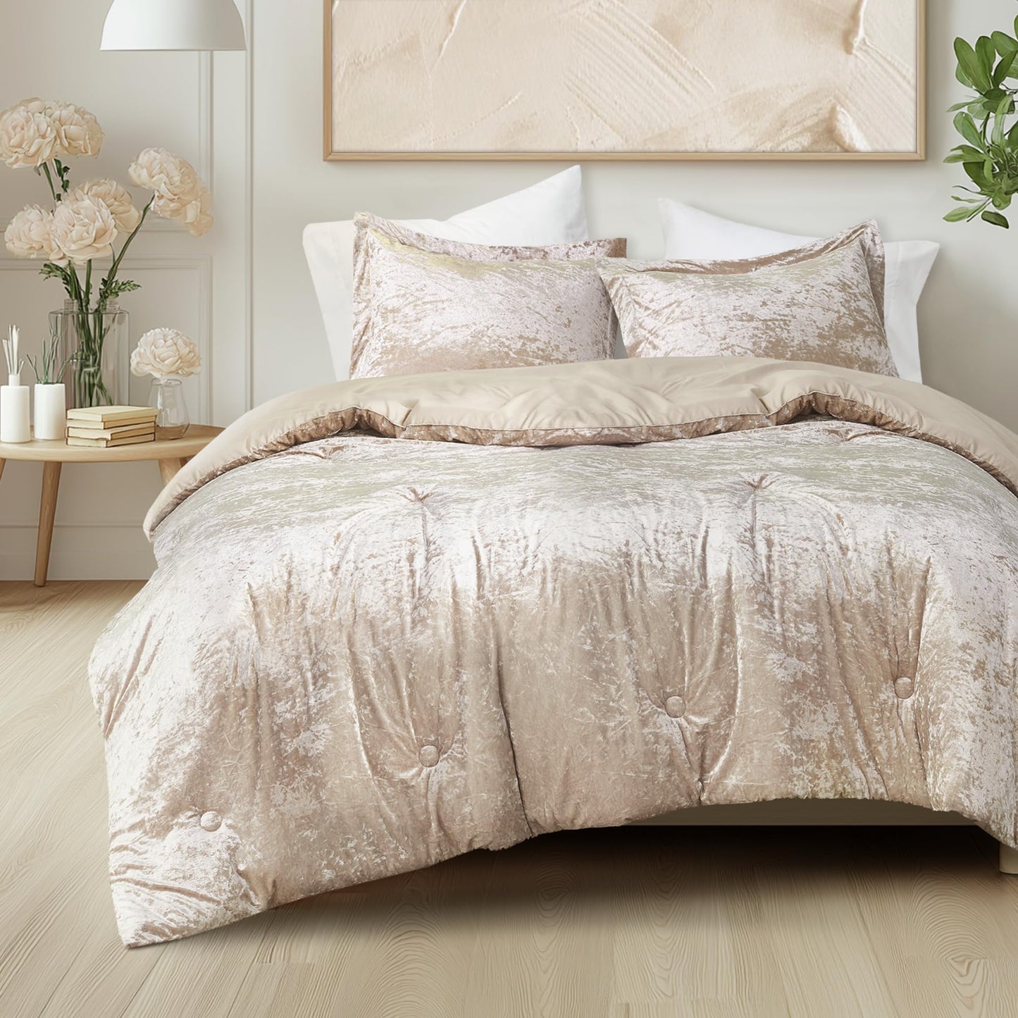 Comfort Spaces Luxe Queen Comforter Set Velvet Comforters for Queen Size Bed, Microfiber Reverse, Juliette, All Season Velvet Bedding Queen Size, Fluffy Bed Set, Sham, Full/Queen, Champagne 3 Piece