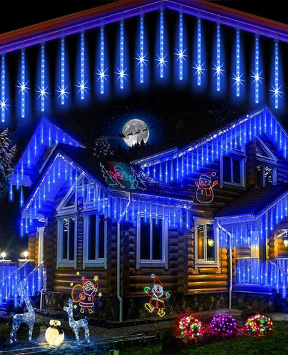 EAGWELL Meteor Shower Lights Outdoor Christmas Lights UL Certified Falling Rain Drop Snowfall Icicle Cascading String Light for Xmas Holiday Tree Wedding Party Garden Decor Blue, 12 Inch 10 Tubes