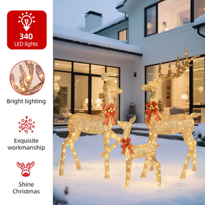 HOYECHI 6.5 FT Oversized Christmas Decorations Outdoor Lighted Reindeer – 3-Piece 3D Deer Family Set with 340 Warm White LED Lights for Yard, Lawn, Garden & Porch Holiday Display - Gold