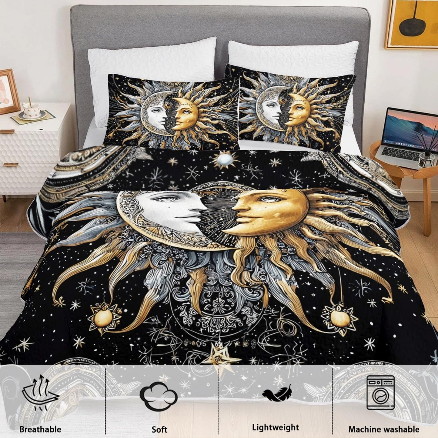 XYNHML Sun Moon Star Quilts Bedding Full 3Pcs Mystic Celestial Galaxy Starry Quilt Bed Set Occult Crescent Lightweight Soft Bedspread Coverlet with 2 Pillowcases for Kid Boy Girl Teen Adult Bed Decor