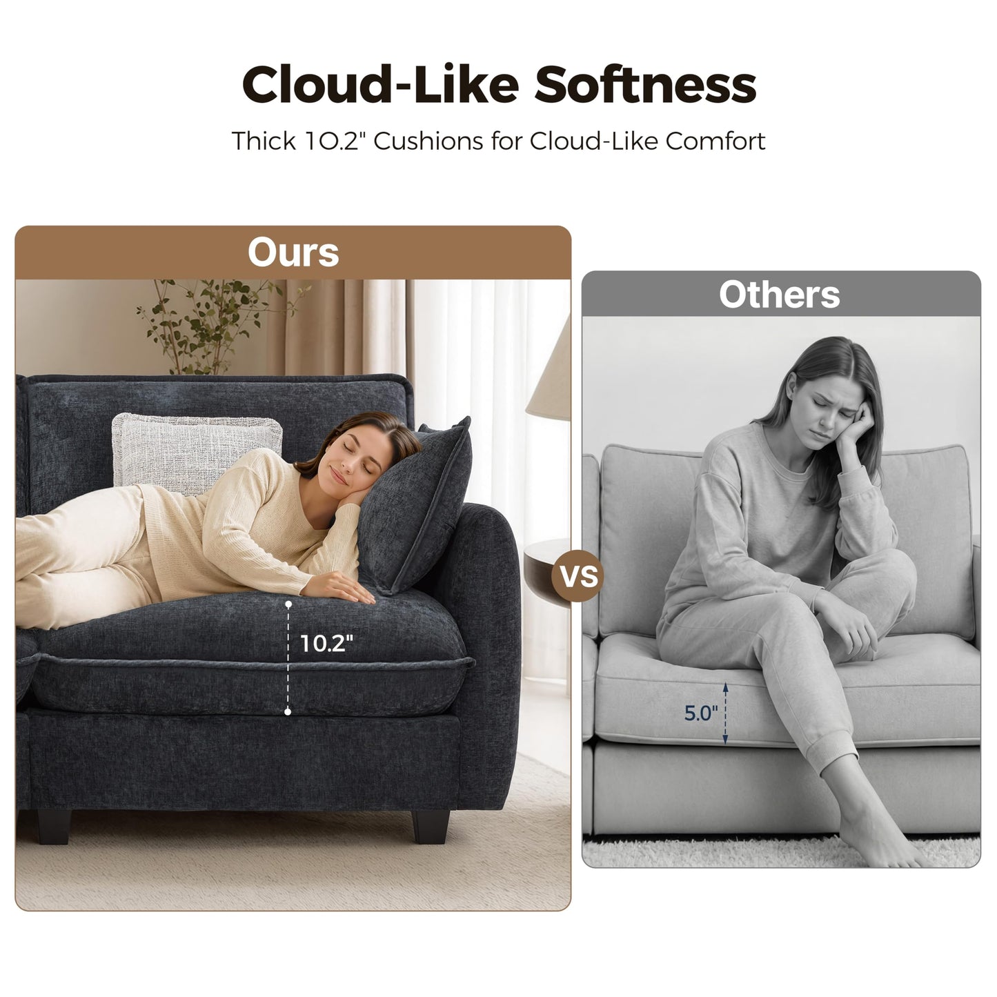 MCombo 82" Oversized Cloud Sectional Couch, Sectional Sofa with FSC Certified, Loveseat Couch with Ottoman for Living Room, Chenille S0701 (Black)