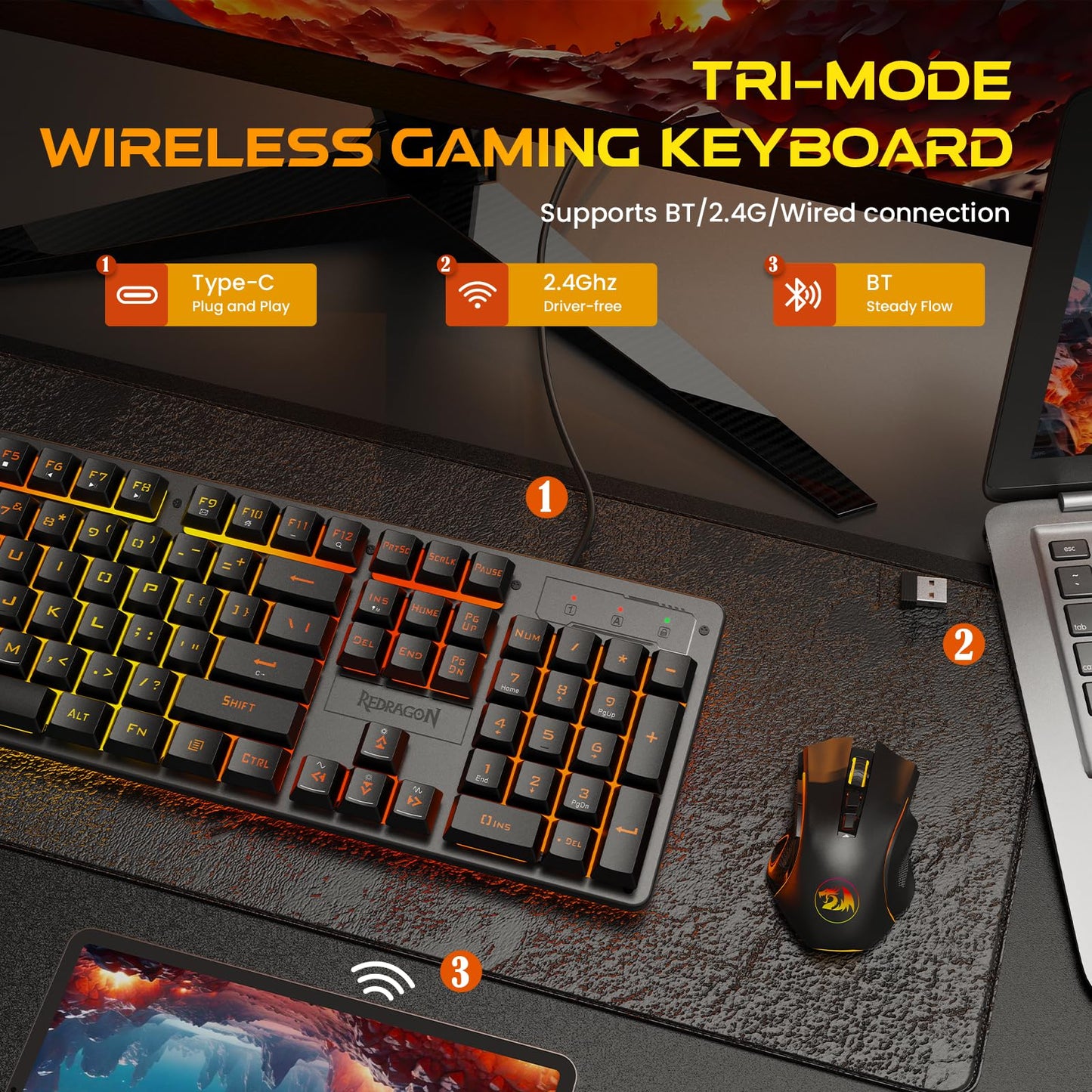 Redragon K521KS Wireless Gaming Keyboard, Tri-Mode BT/2.4G/USB-C RGB Mechanical Feeling Keyboard with Multimedia Keys, 4000mAh Battery, Anti-Ghosting, Compatible with PC - Upgrade