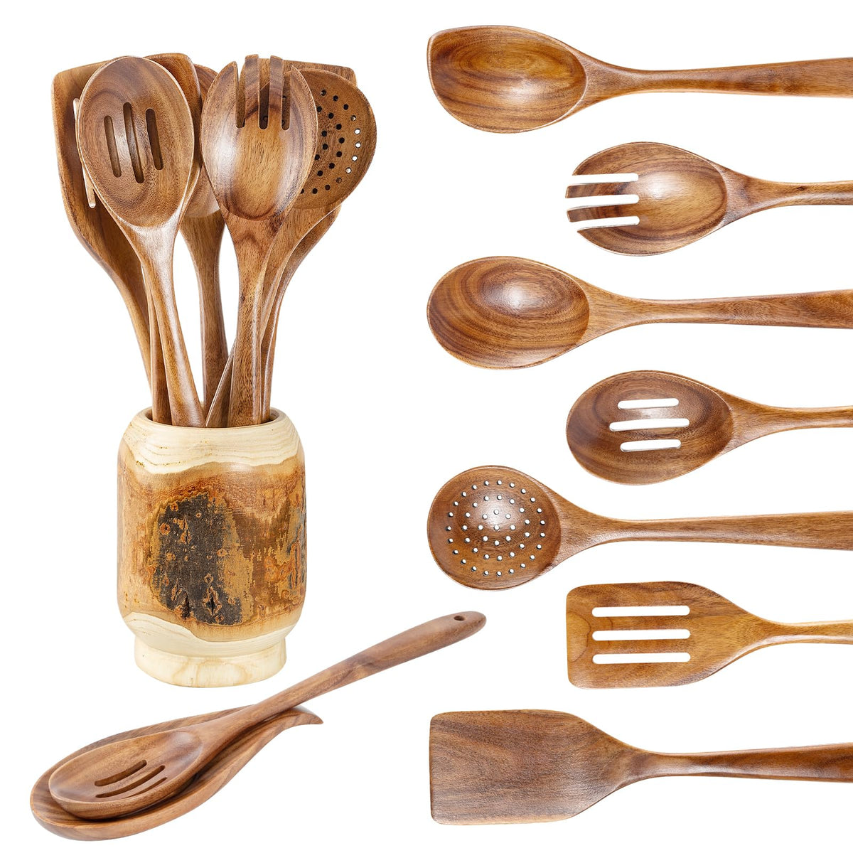 Gudamaye 13 inch Long Wooden Spoons for Cooking,Wooden Utensils for Cooking with Utensils Holder,9 PCES Wooden Kitchen Utensils Set with Utensils Holder and Spoon Rest,Natural Teak Wooden Spoons Set