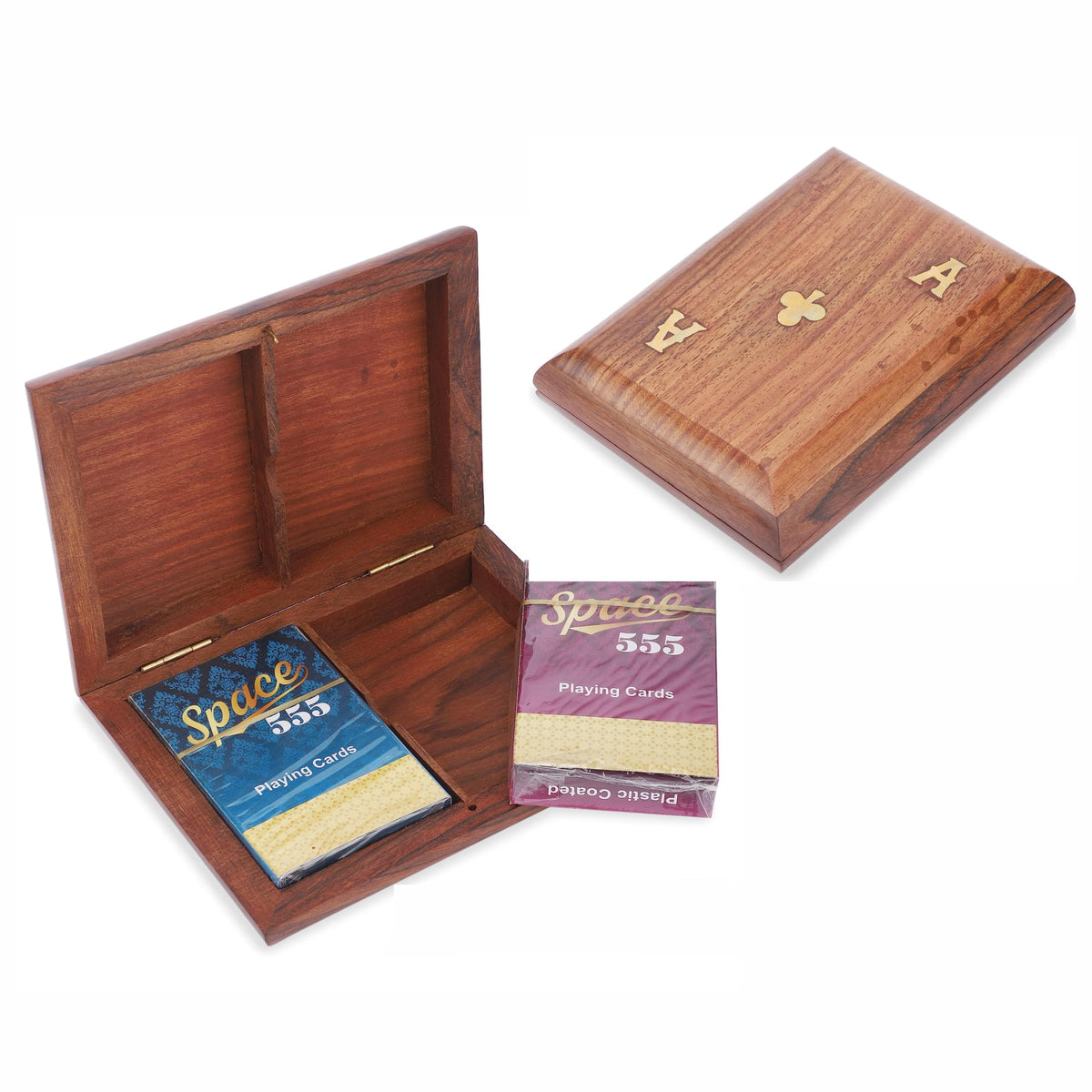 Ajuny Handcrafted Wooden Double Deck Playing Card Box Holder Decorative Storage Case Organizer With 2 Set of Playing Cards Anniversary Housewarming Gifts (15x12 cm)