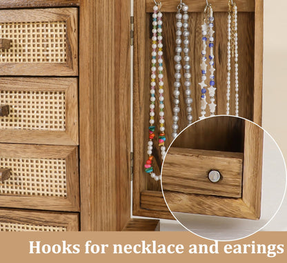 Jewelry Organizer, Rattan Jewelry Box, 5 Layer Wooden Jewelry Organizer Box with Mirror, Jewelry Boxes with 4 Drawers for Women Men, Jewelry Storage for Rings Earrings Necklaces Bracelets Watch