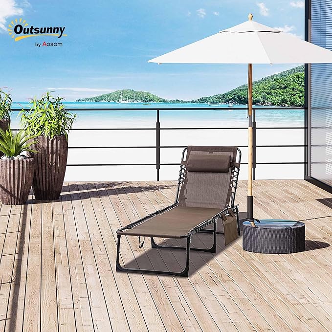 Outsunny Chaise Lounge Chair Outdoor, 5-Position Adjustable Sun Tanning Chair with Carrying Handle and Side Pocket, Folding Bed Cot with Removable Pillow for Garden, Beach, Patio, Pool, Camp, Brown