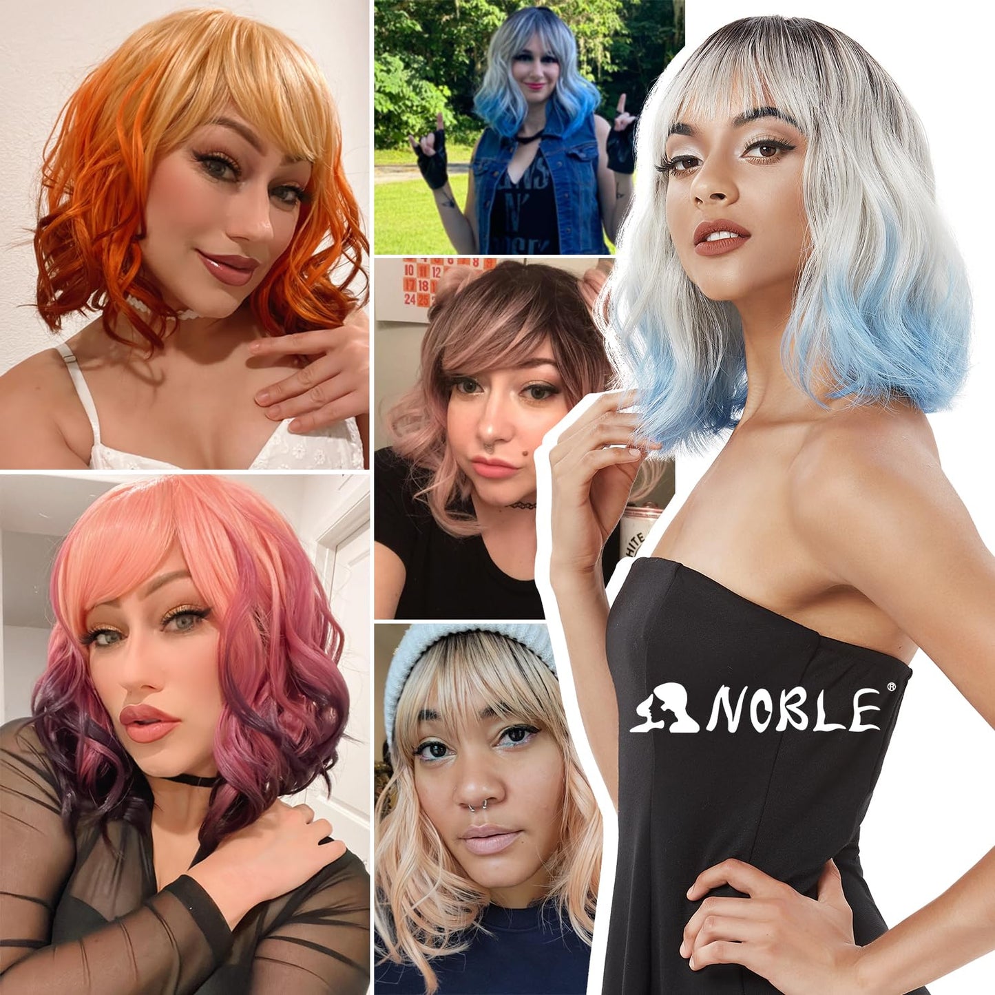 NOBLE Blue Short Bob Curly Wig With Bangs for White Women - Colorful Wavy Heat Resistant Synthetic Silver Blue Wig for Daily Party Cosplay Costume