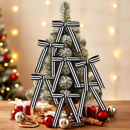 Riceshoot 24 Pcs 5x7 Black White Stripe Twist Tie Bows for Christmas Tree Memorial Gift Wrapping Bag Xmas Decoration Ribbon for Gothic Spooky Holiday Birthday Party Wreath DIY Craft (1 Inch Wide)