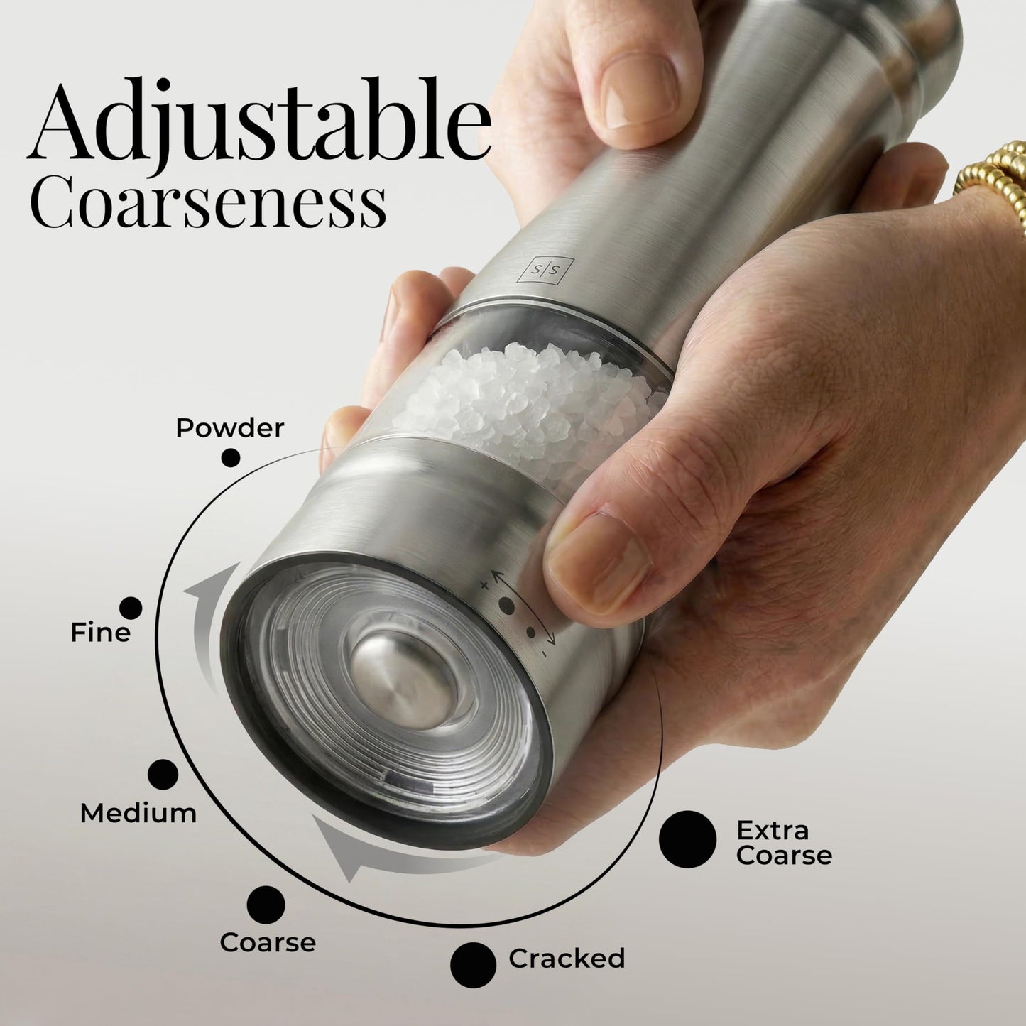 Electric Salt and Pepper Grinder Set - Styled Settings Electric Salt and Pepper Shakers, Automatic Stainless Steel Set with LED Light, Battery Operated, Adjustable Coarseness, Wood Base