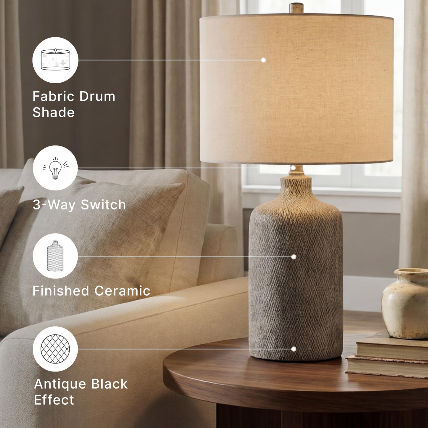 Signature Design by Ashley Linus Modern 25" Ceramic Table Lamp, Natural Stone Finish