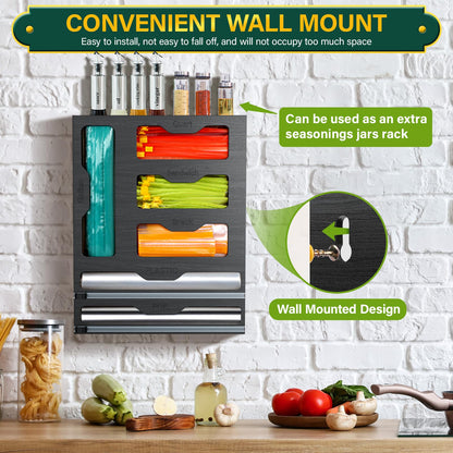 KOCWELL Bag Organizer & Plastic Wrap Dispenser with Cutter, 6 In 1 Bamboo Foil & Plastic Wrap Organizer for Kitchen, Food Storage Bag Organizer