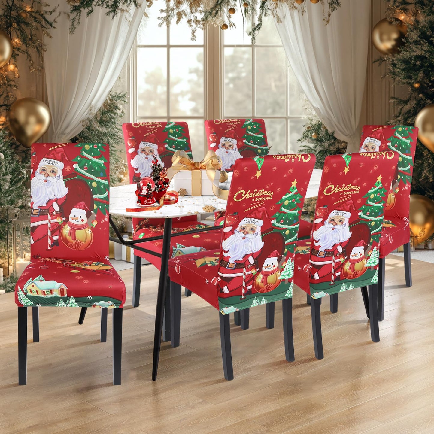 SearchI Christmas Dining Room Chair Covers Set of 6, Stretch Xmas Chair Slipcovers Protector, Spandex Washable Kitchen Parsons Chair Cover for Dining Room,Christmas Decor,Holiday Party(Santa Claus)