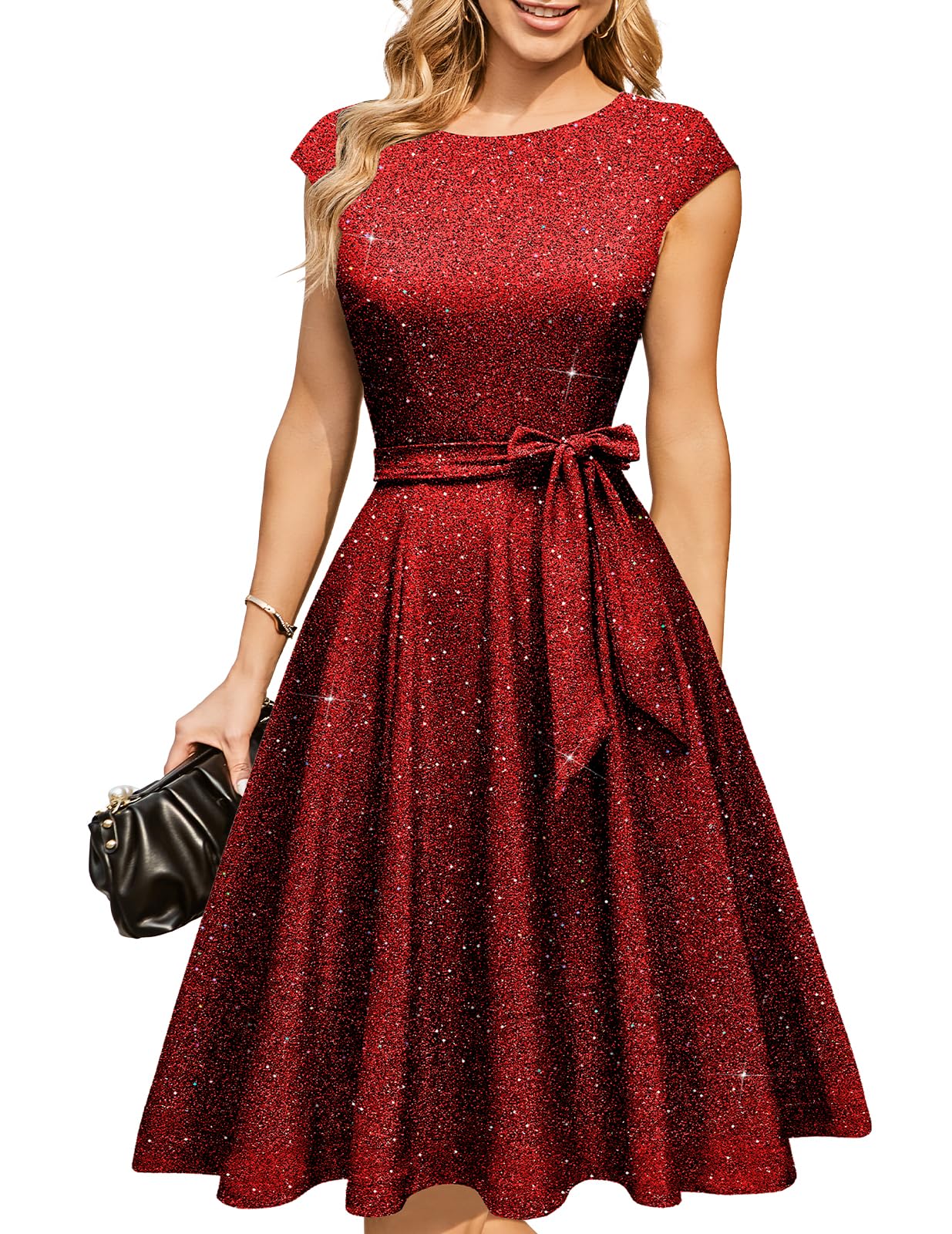DRESSTELLS Red Sparkly Sequin Christmas Holiday Party Dresses for Women 2025, Shiny Cocktail Formal Wedding Guest Midi Gala Dress Glitter Burgundy L