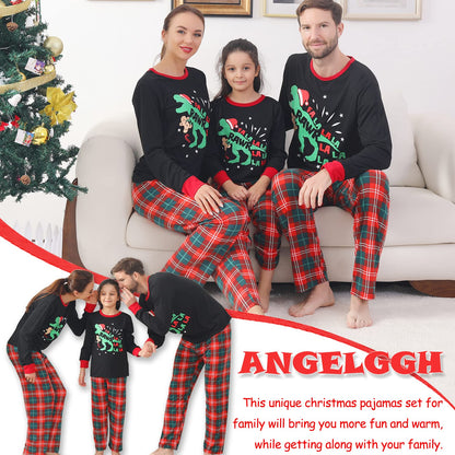 ANGELGGH Matching Christmas Pajamas for Family, Cute Vacation PJs Sets for Couples/Women/Men, Xmas 2 Piece Jammies Sleepwear (Youth, 2-3T, Black Dinosaur)