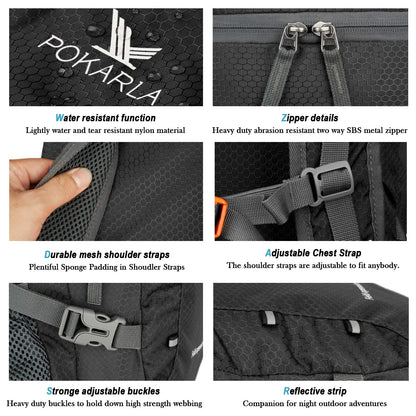 POKARLA 40L Foldable Rucksack Travel Hiking Daypack Durable Lightweight Walking Camping Folding Sports Outdoor Backpack Water Resistant Ultra Packable Carry On Bag Unisex Black